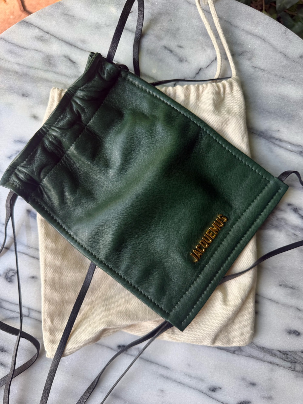 NWT Jacquemus Forest Green Leather Drawstring Pouch Bag with Gold Logo